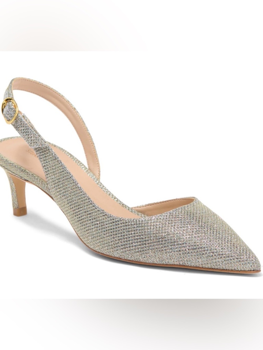 Stuart Weitzman Silver Glitter Slingback Pointed Toe Kitten Heel | Size 7
